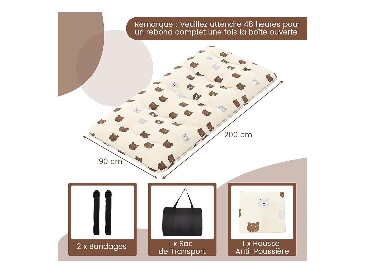 Matelas Futon Portable Pliable, Futon Japonais 90 x 200 cm, Housse Lavable, Matelas de Sol avec Sac de Transport, pour Le Camping, Les Voyages, Beige | Petit Ours