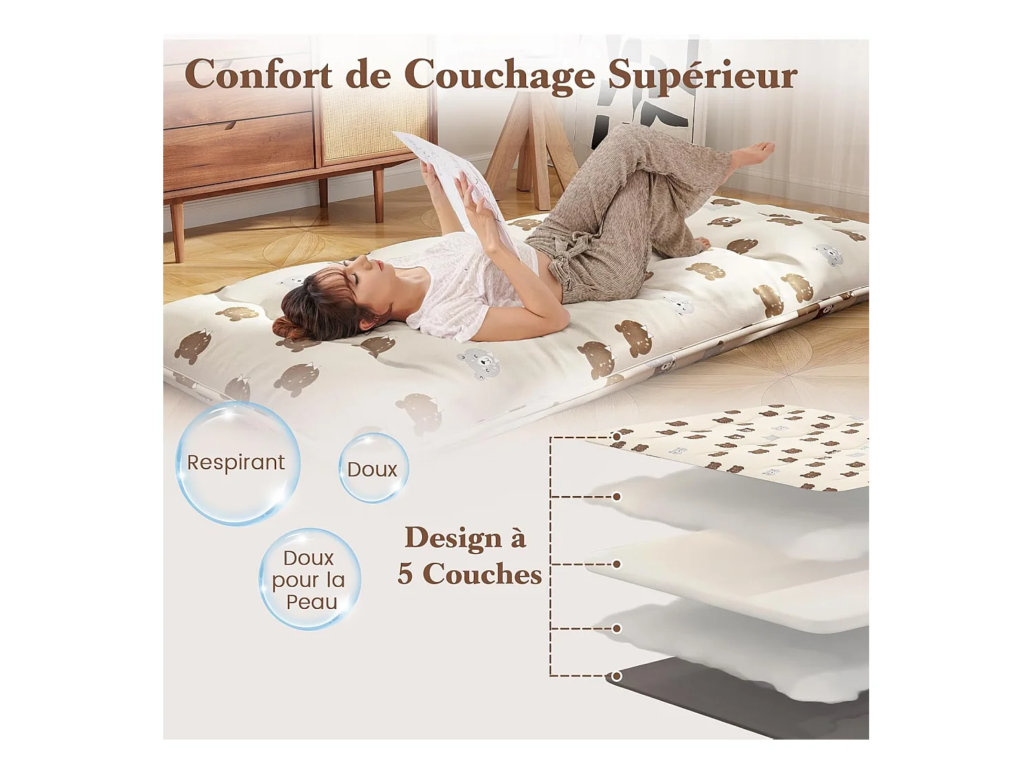 Matelas Futon Portable Pliable, Futon Japonais 90 x 200 cm, Housse Lavable, Matelas de Sol avec Sac de Transport, pour Le Camping, Les Voyages, Beige | Petit Ours