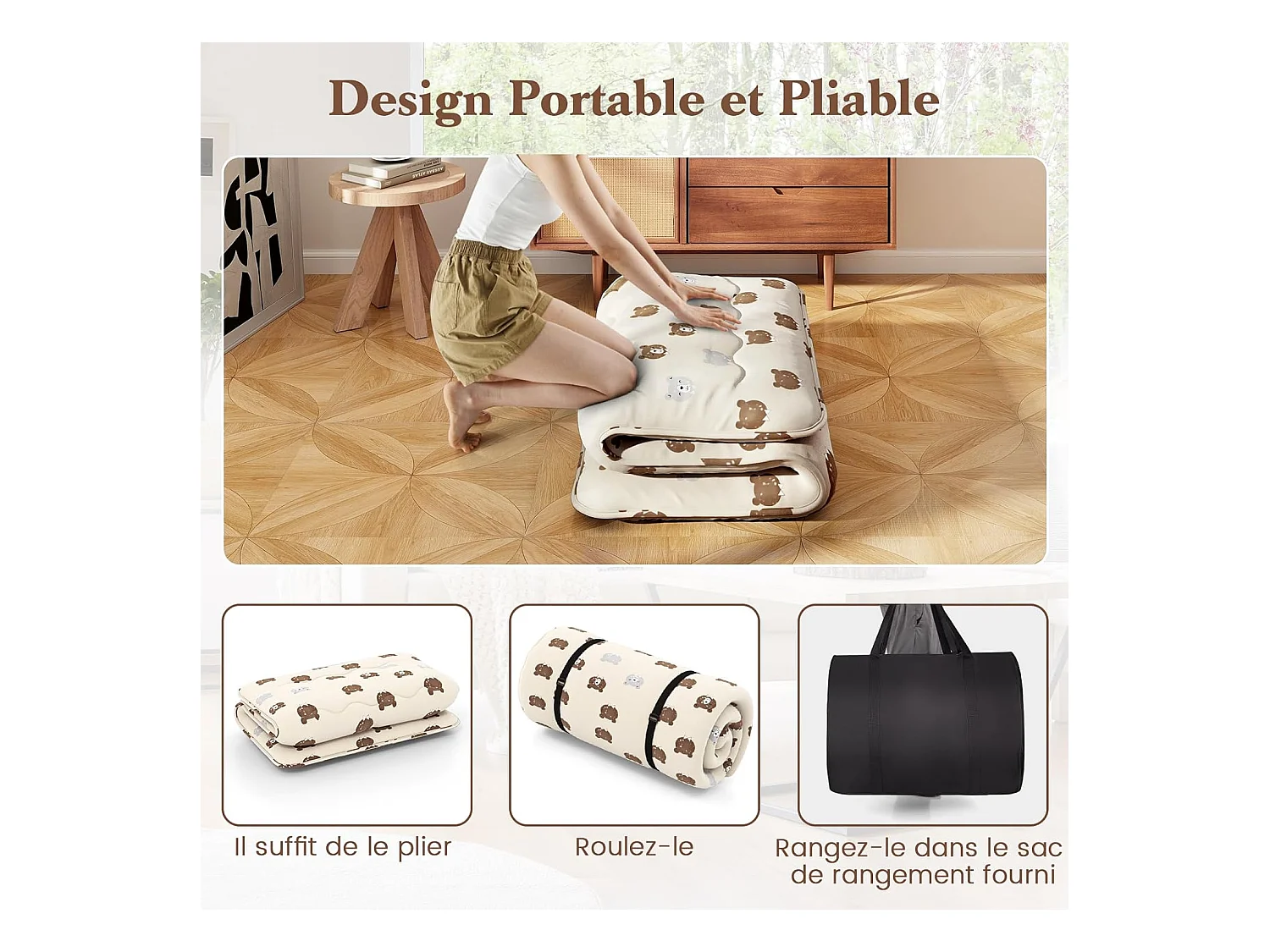 Matelas Futon Portable Pliable, Futon Japonais 90 x 200 cm, Housse Lavable, Matelas de Sol avec Sac de Transport, pour Le Camping, Les Voyages, Beige | Petit Ours