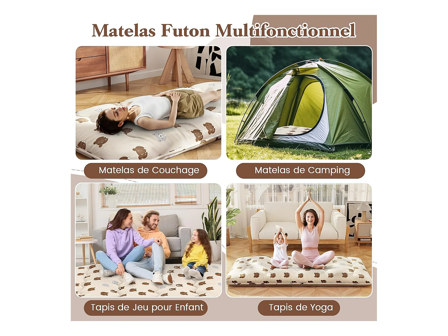 Matelas Futon Portable Pliable, Futon Japonais 90 x 200 cm, Housse Lavable, Matelas de Sol avec Sac de Transport, pour Le Camping, Les Voyages, Beige | Petit Ours