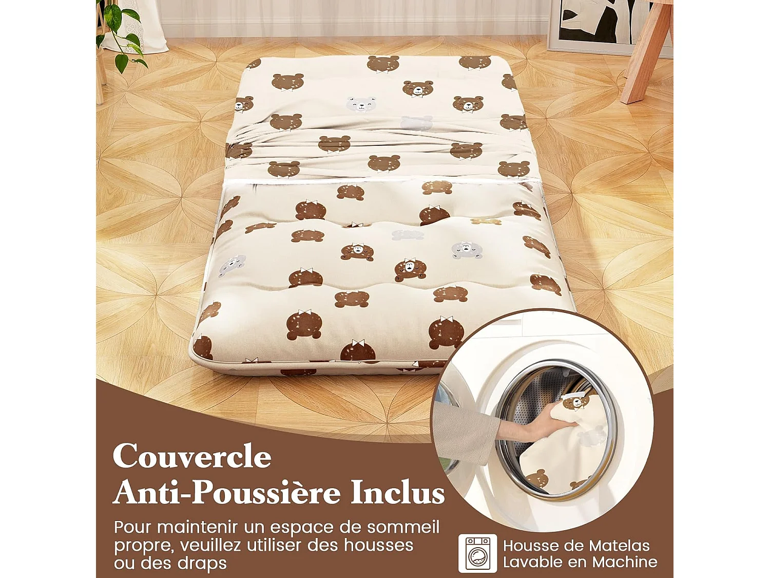 Matelas Futon Portable Pliable, Futon Japonais 90 x 200 cm, Housse Lavable, Matelas de Sol avec Sac de Transport, pour Le Camping, Les Voyages, Beige | Petit Ours