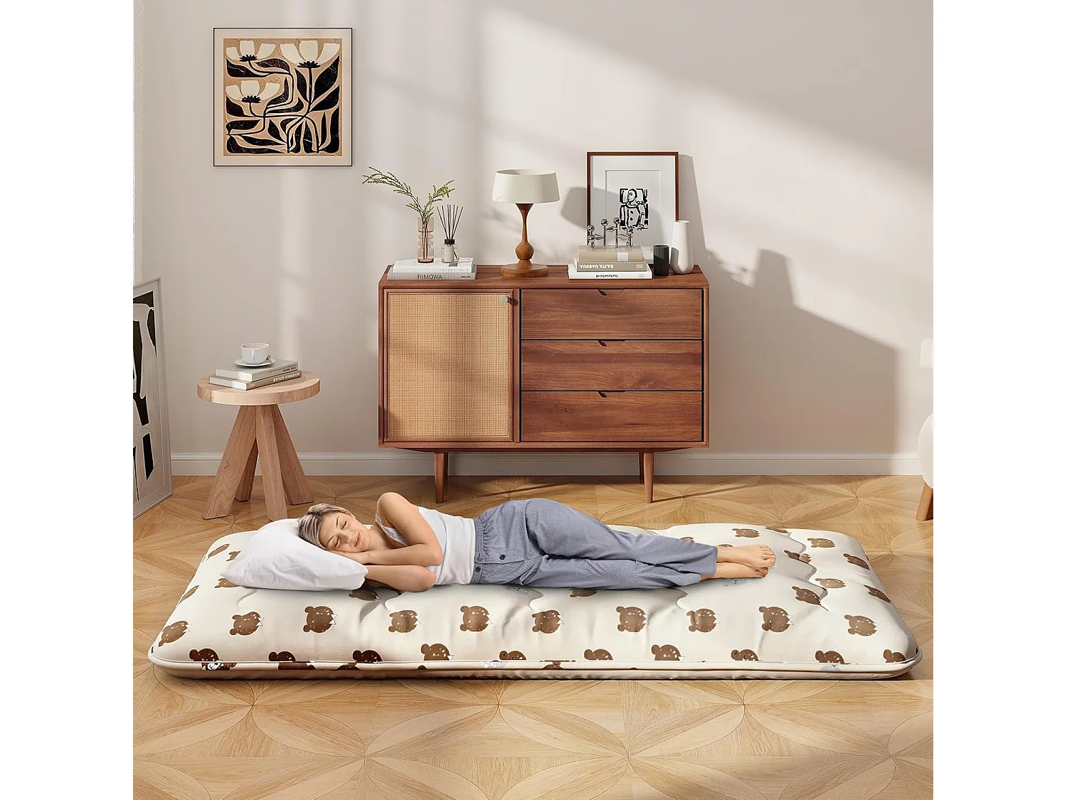 Matelas Futon Portable Pliable, Futon Japonais 90 x 200 cm, Housse Lavable, Matelas de Sol avec Sac de Transport, pour Le Camping, Les Voyages, Beige | Petit Ours