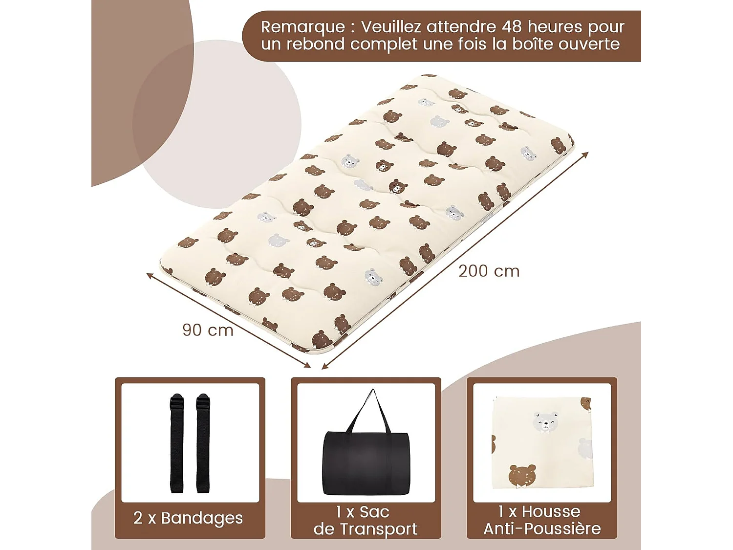 Matelas Futon Portable Pliable, Futon Japonais 90 x 200 cm, Housse Lavable, Matelas de Sol avec Sac de Transport, pour Le Camping, Les Voyages, Beige | Petit Ours