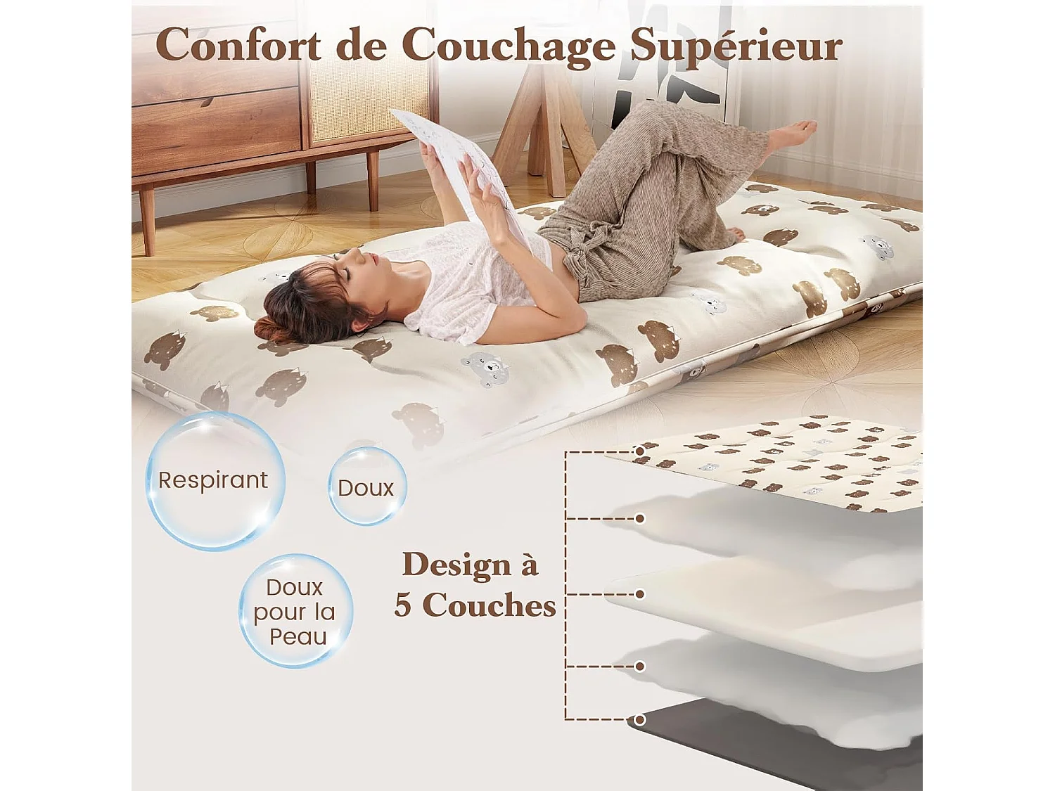 Matelas Futon Portable Pliable, Futon Japonais 90 x 200 cm, Housse Lavable, Matelas de Sol avec Sac de Transport, pour Le Camping, Les Voyages, Beige | Petit Ours