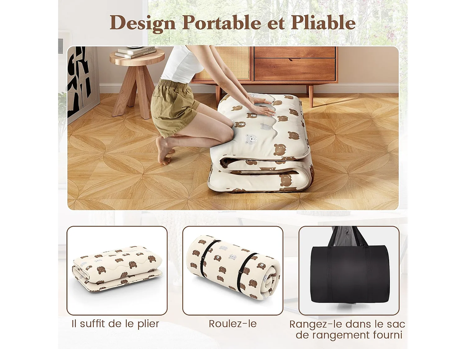 Matelas Futon Portable Pliable, Futon Japonais 90 x 200 cm, Housse Lavable, Matelas de Sol avec Sac de Transport, pour Le Camping, Les Voyages, Beige | Petit Ours