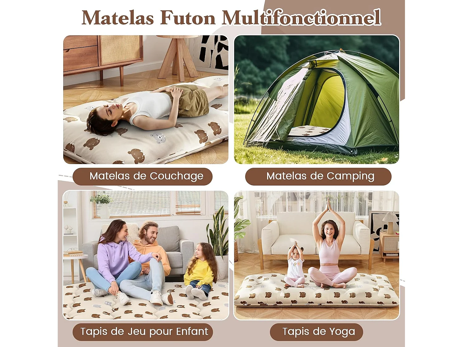 Matelas Futon Portable Pliable, Futon Japonais 90 x 200 cm, Housse Lavable, Matelas de Sol avec Sac de Transport, pour Le Camping, Les Voyages, Beige | Petit Ours