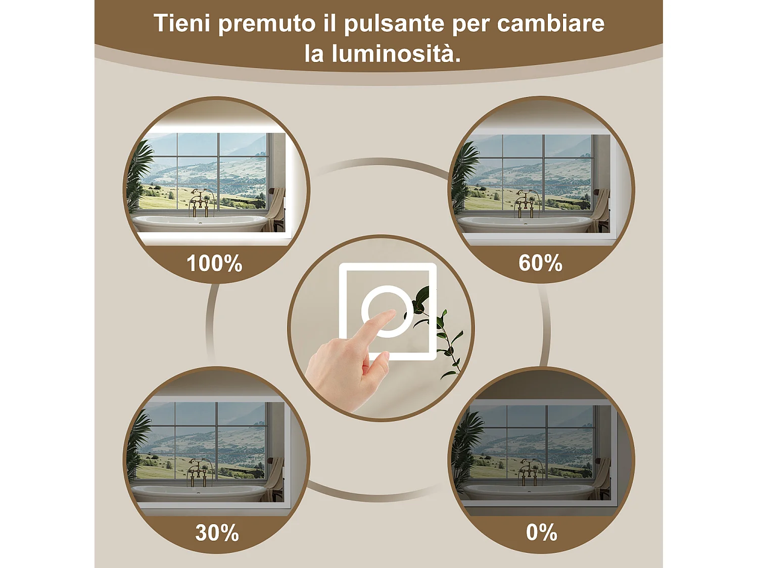 Aica LED Specchio da bagno 100×60 cm, luminosità regolabile a 3 colori, antiappannamento, memoria di interruzione di corrente