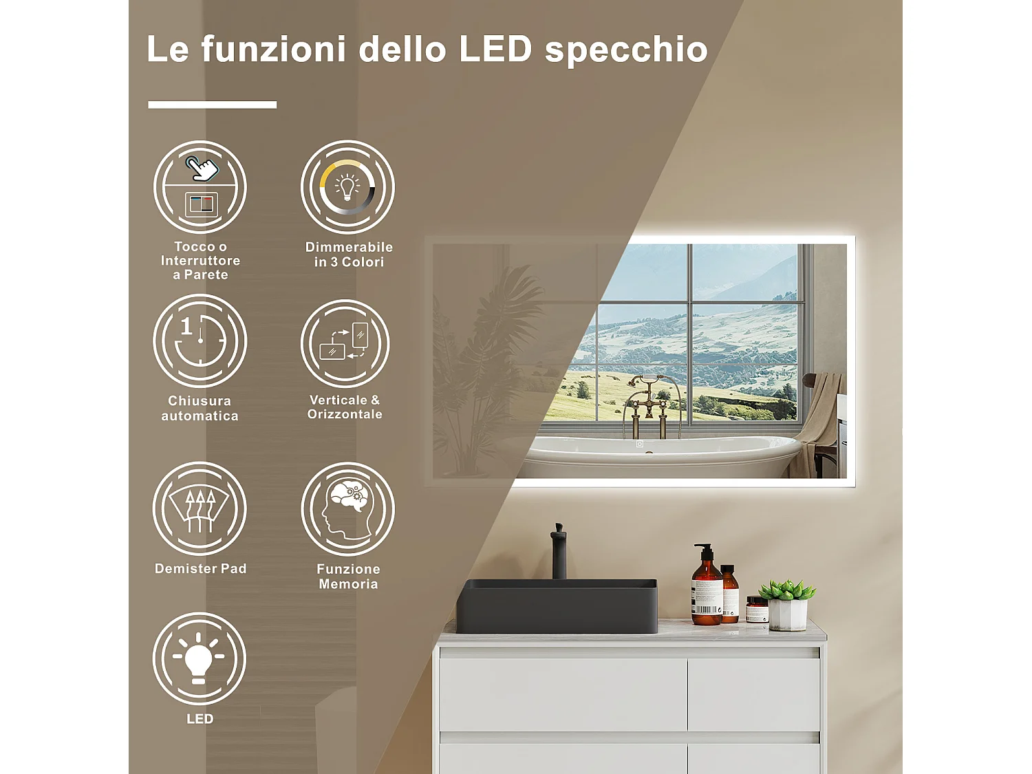 Aica LED Specchio da bagno 100×60 cm, luminosità regolabile a 3 colori, antiappannamento, memoria di interruzione di corrente