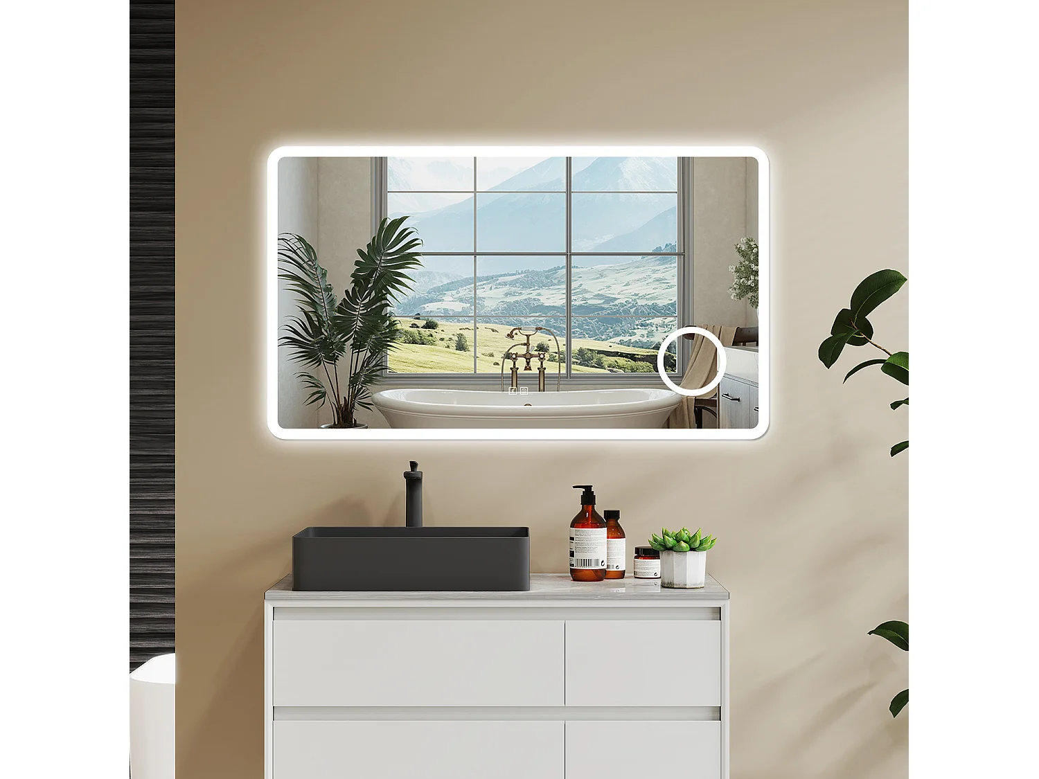Aica 120x70cm Specchio da bagno Bluetooth antiappannamento, 3 colori dimmerabili, lente d'ingrandimento 3X