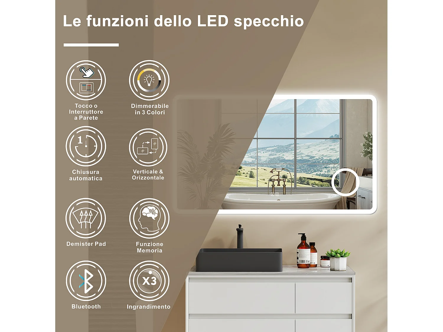 Aica 120x70cm Specchio da bagno Bluetooth antiappannamento, 3 colori dimmerabili, lente d'ingrandimento 3X