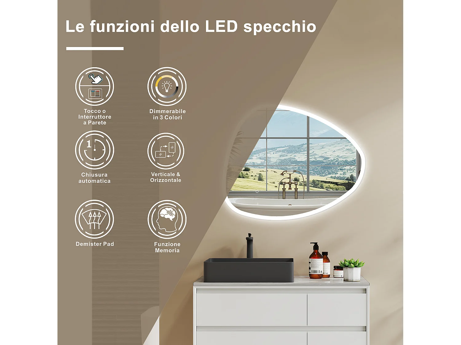 100 x 80 cm Specchio con illuminazione integrata bagno ciottolo. Touch. 3 Temperature Colore. Pellicola Antideflagrante