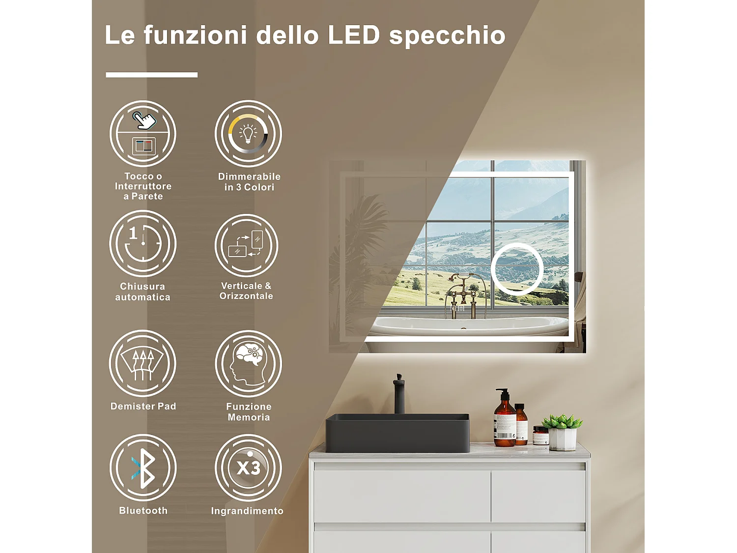 Aica 80x60cm Specchio da bagno Bluetooth antiappannamento, 3 colori dimmerabili, lente d'ingrandimento 3X