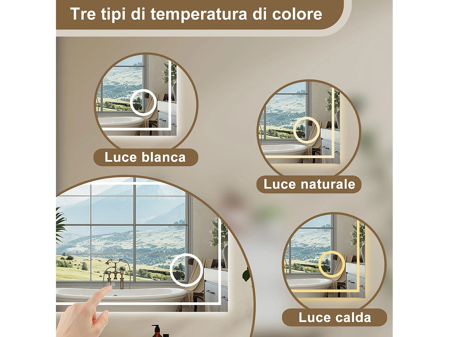 Aica 80x60cm Specchio da bagno Bluetooth antiappannamento, 3 colori dimmerabili, lente d'ingrandimento 3X