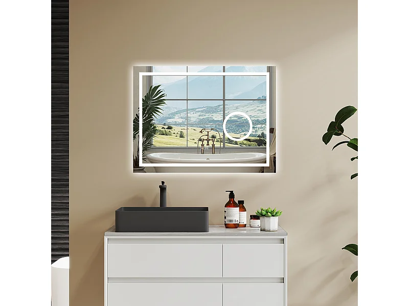 Aica 80x60cm Specchio da bagno Bluetooth antiappannamento, 3 colori dimmerabili, lente d'ingrandimento 3X