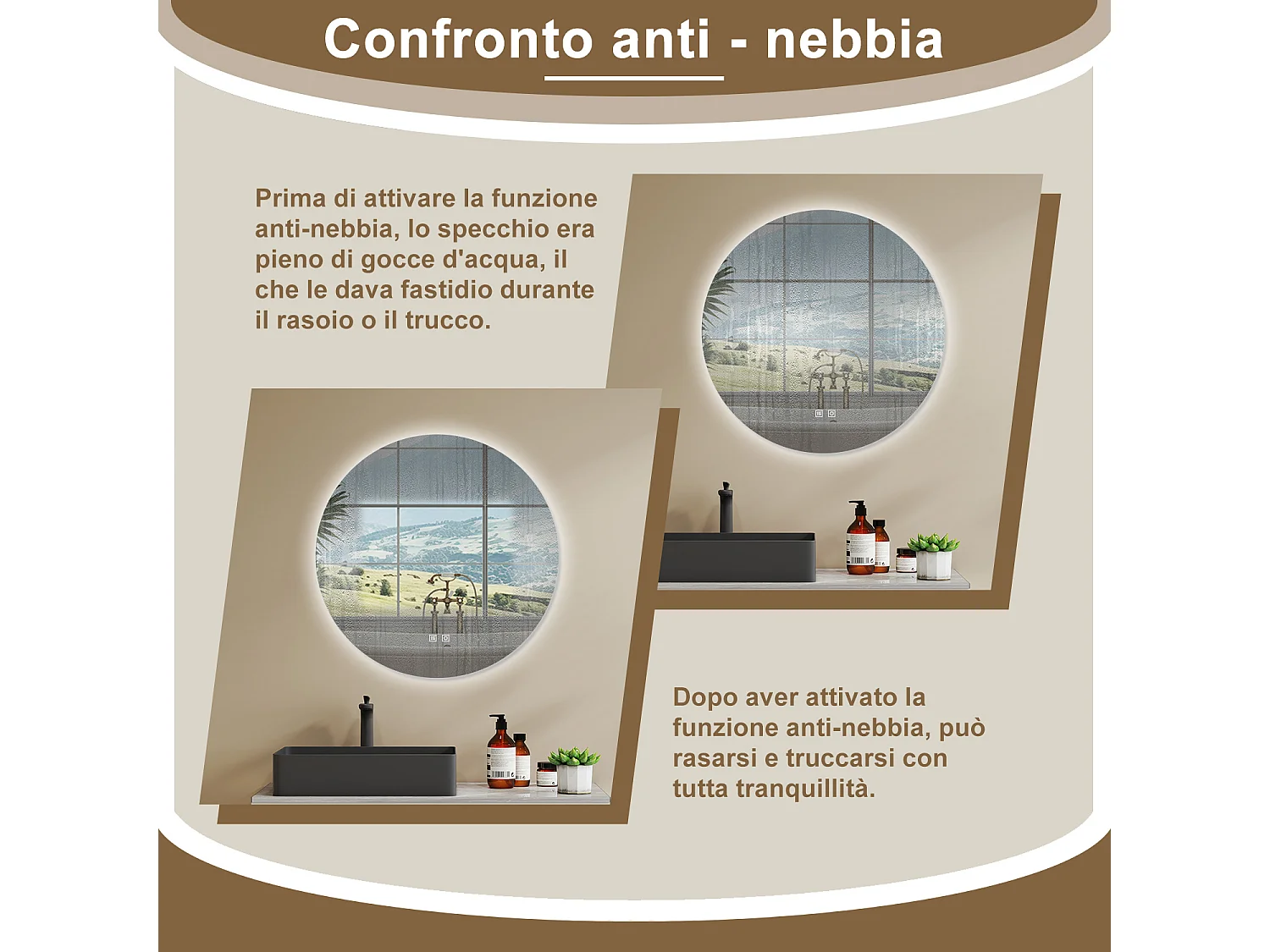 AICA Specchio Da Bagno Rotondo Da 70cm con LED, Antiappannamento, 3 Temperature Colore, Retroilluminato