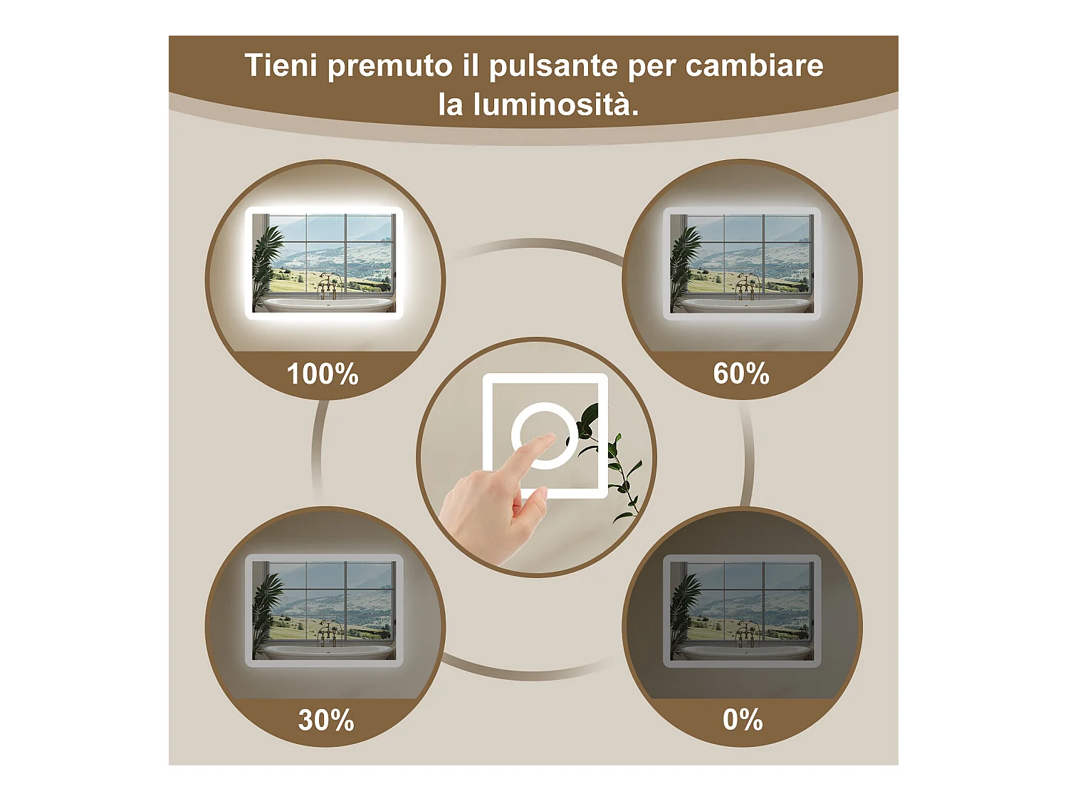 Aica Specchio da bagno a LED con Bluetooth 80 x 60 cm, 3 colori di luce regolabili, tasti a sfioramento