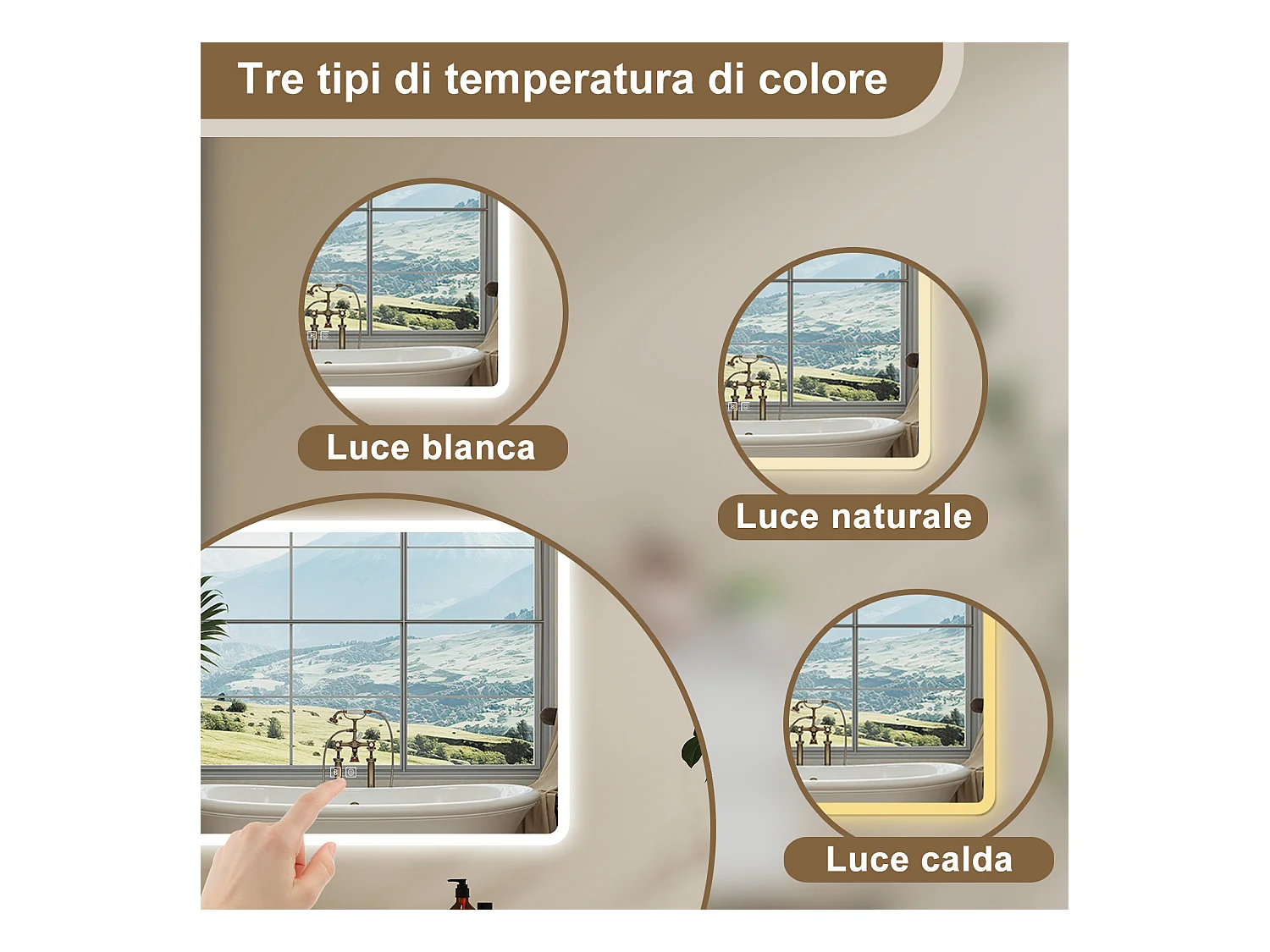 Aica Specchio da bagno a LED con Bluetooth 80 x 60 cm, 3 colori di luce regolabili, tasti a sfioramento