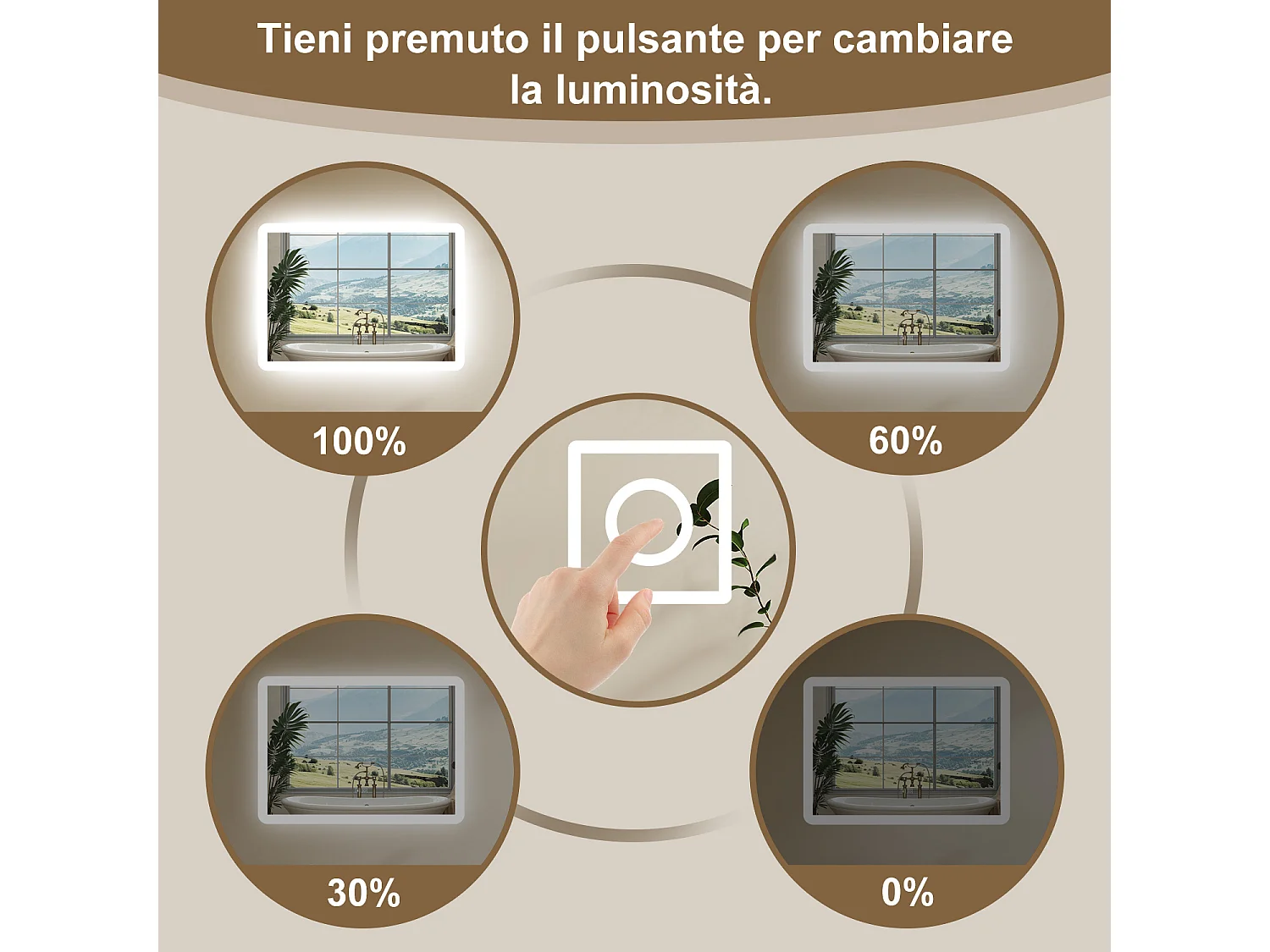 Aica Specchio da bagno a LED con Bluetooth 80 x 60 cm, 3 colori di luce regolabili, tasti a sfioramento