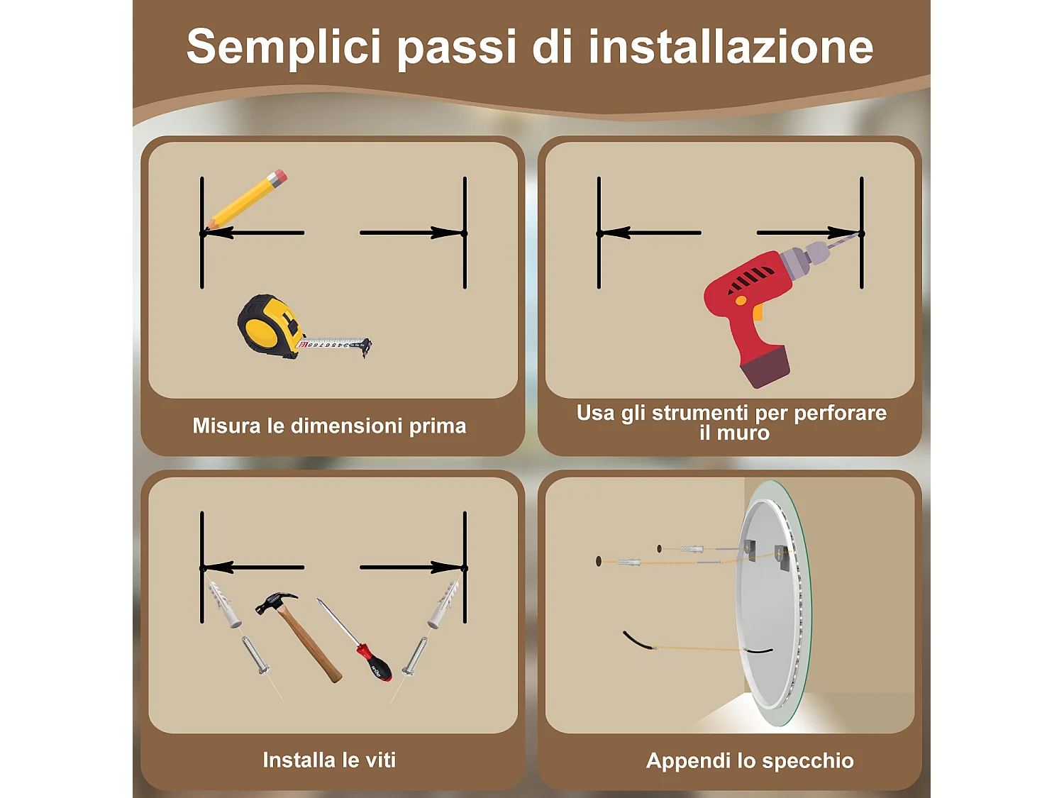 AICA SPECCHIO DA BAGNO ROTONDO CON LED 70 x 70 cm, antiappannamento, interruttore a sfioramento(Retroilluminato)