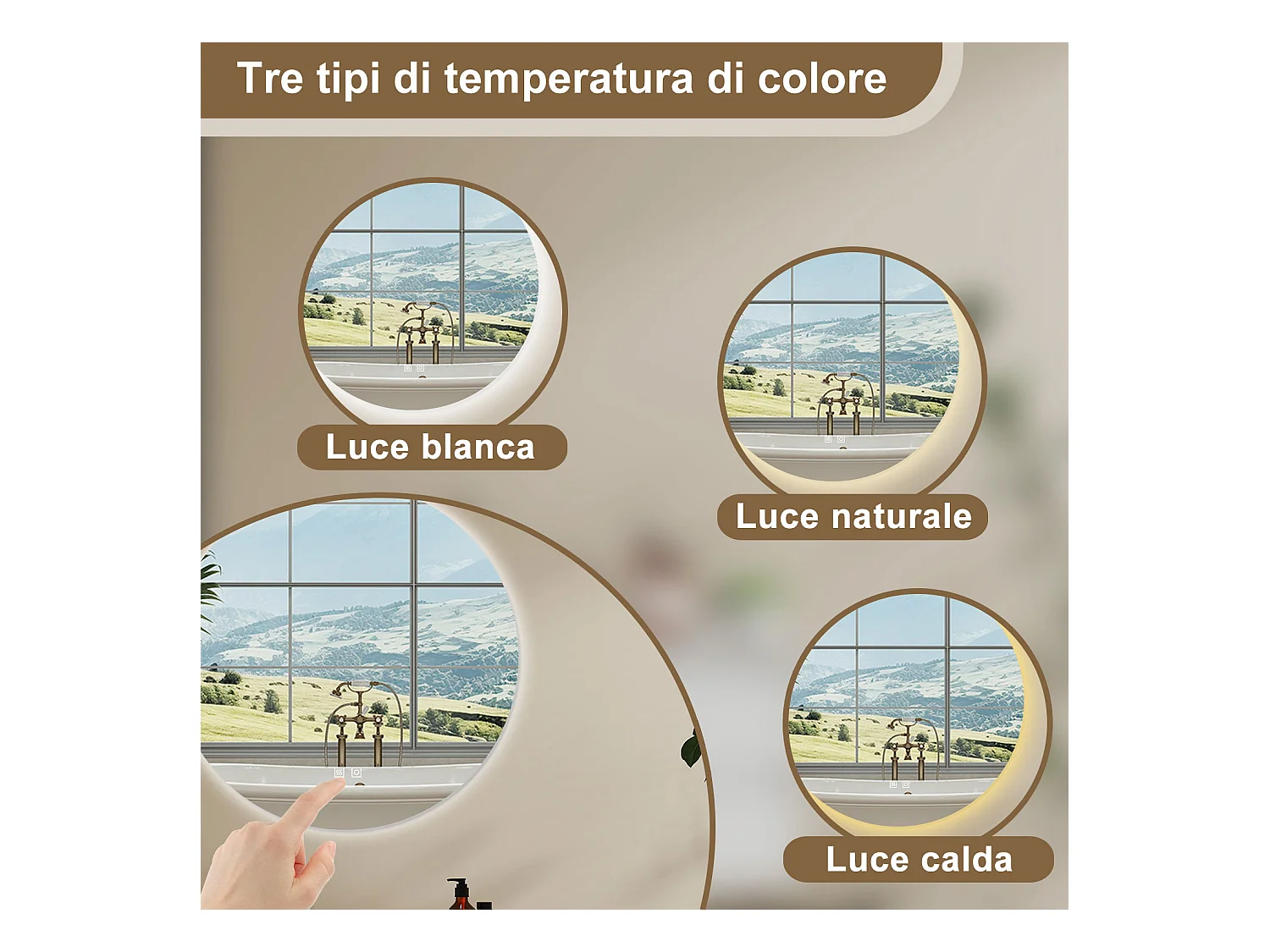 AICA Specchio Da Bagno Rotondo Da 60cm con LED, Antiappannamento, 3 Temperature Colore, Retroilluminato