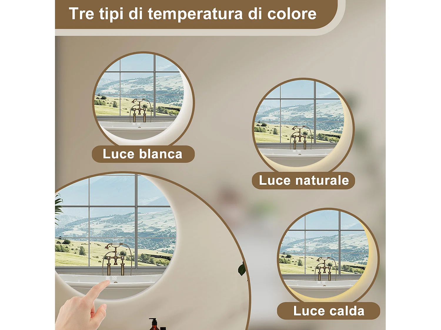 AICA Specchio Da Bagno Rotondo Da 100cm con LED, Antiappannamento, 3 Temperature Colore, Retroilluminato