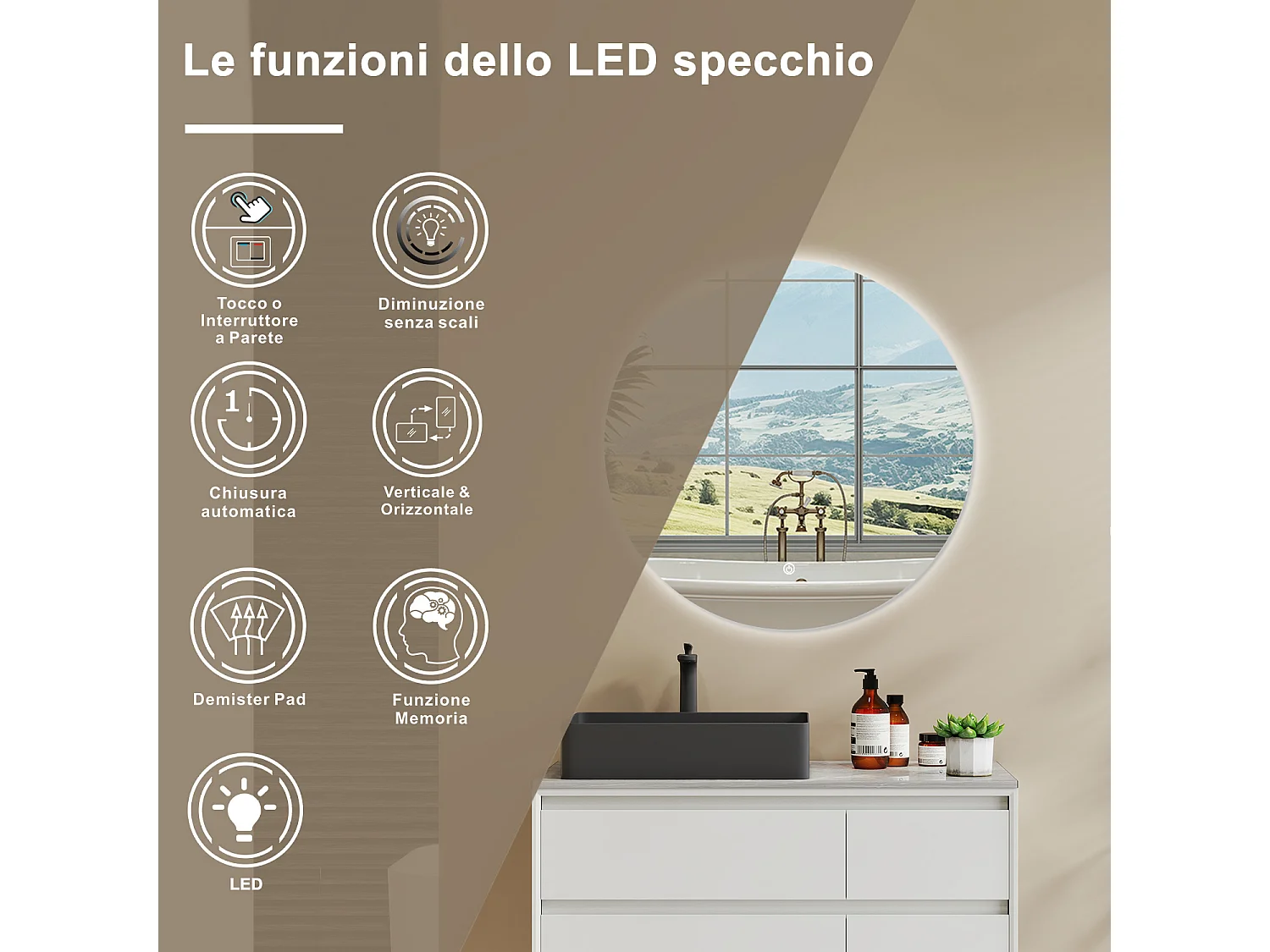 AICA SPECCHIO DA BAGNO ROTONDO CON LED 80 x 80 cm, antiappannamento, interruttore a sfioramento(Retroilluminato)