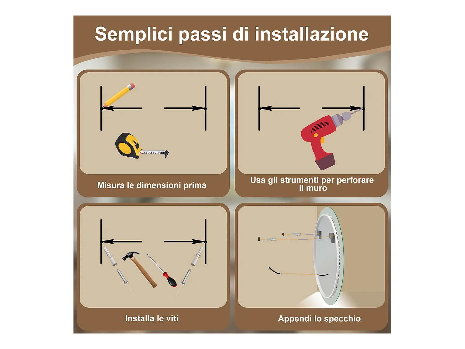 AICA Specchio Da Bagno Rotondo Da 90cm con LED, Antiappannamento, 3 Temperature Colore, Retroilluminato