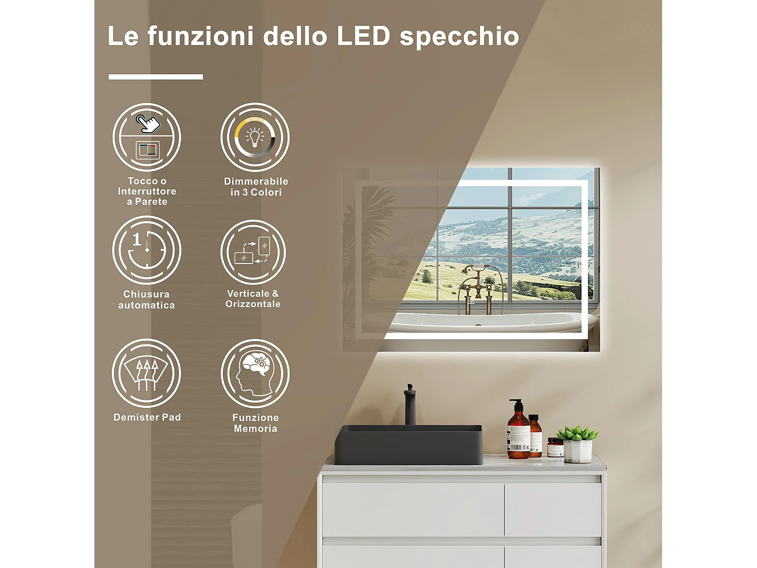 AICA Specchio Da Bagno Rettangolare Da 70x50cm con LED, Antiappannamento, 3 Temperature Colore