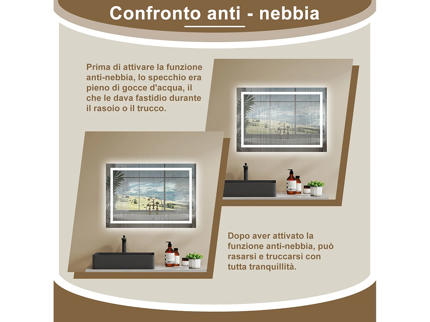 AICA Specchio Da Bagno Rettangolare Da 70x50cm con LED, Antiappannamento, 3 Temperature Colore