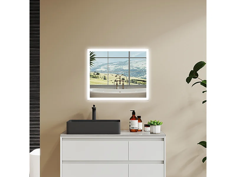 Aica LED Specchio da bagno 60×50 cm, luminosità regolabile a 3 colori, antiappannamento, memoria di interruzione di corrente