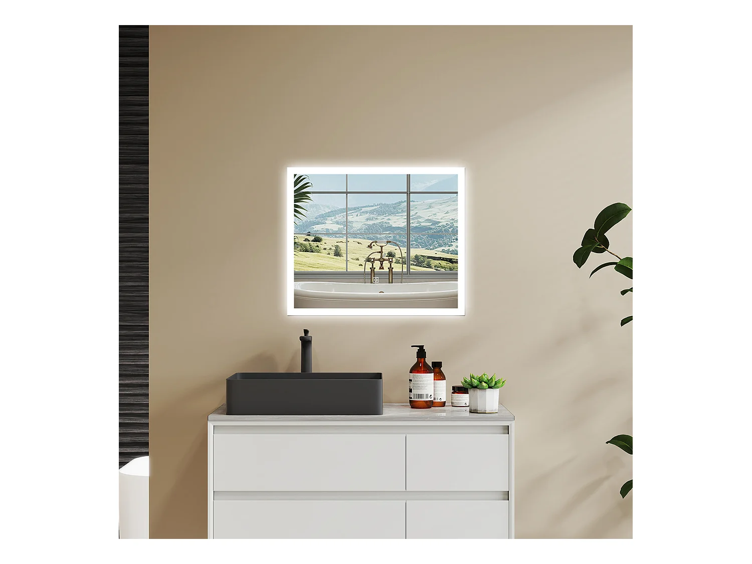 Aica LED Specchio da bagno 60×50 cm, luminosità regolabile a 3 colori, antiappannamento, memoria di interruzione di corrente