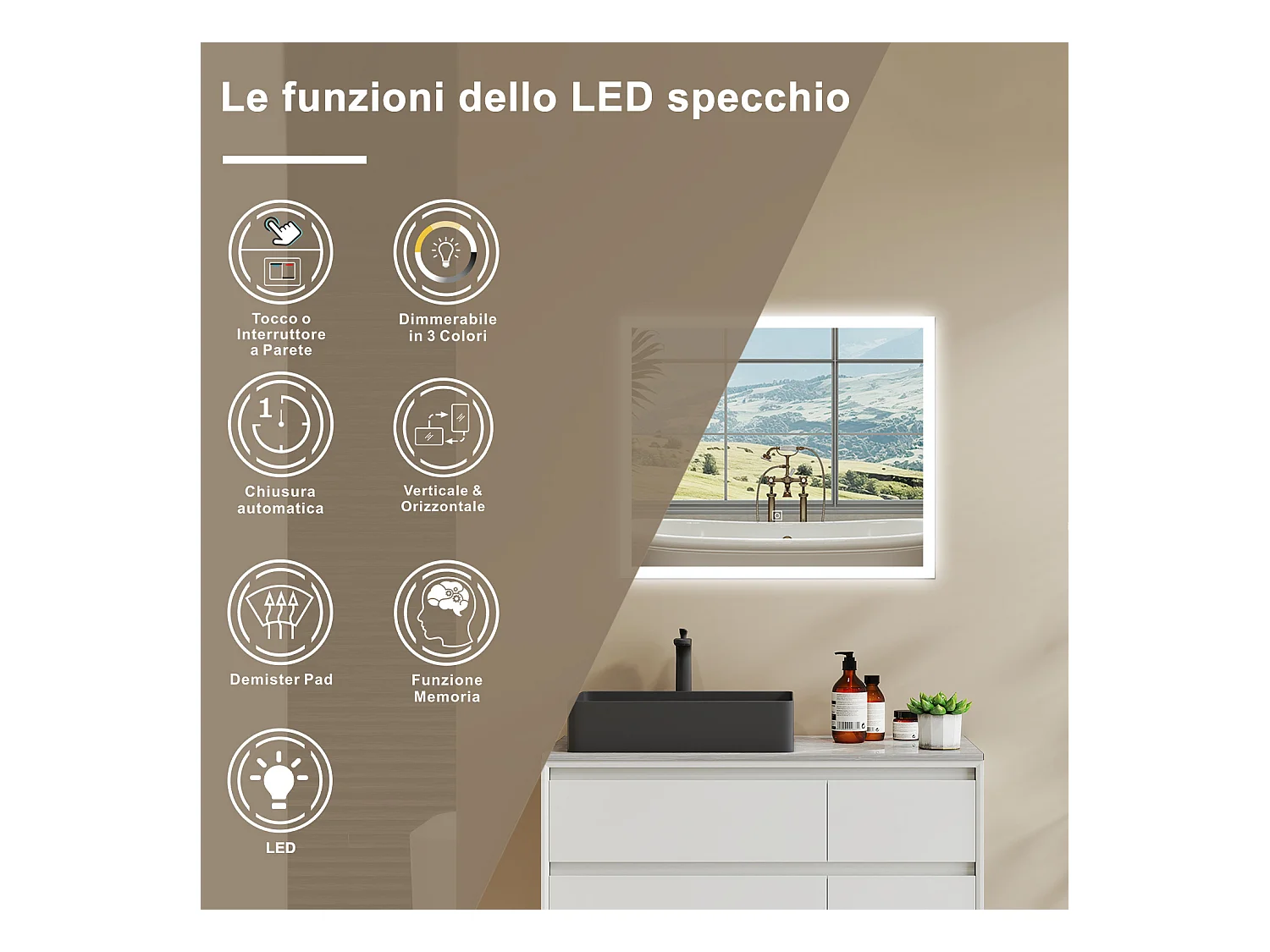 Aica LED Specchio da bagno 60×50 cm, luminosità regolabile a 3 colori, antiappannamento, memoria di interruzione di corrente
