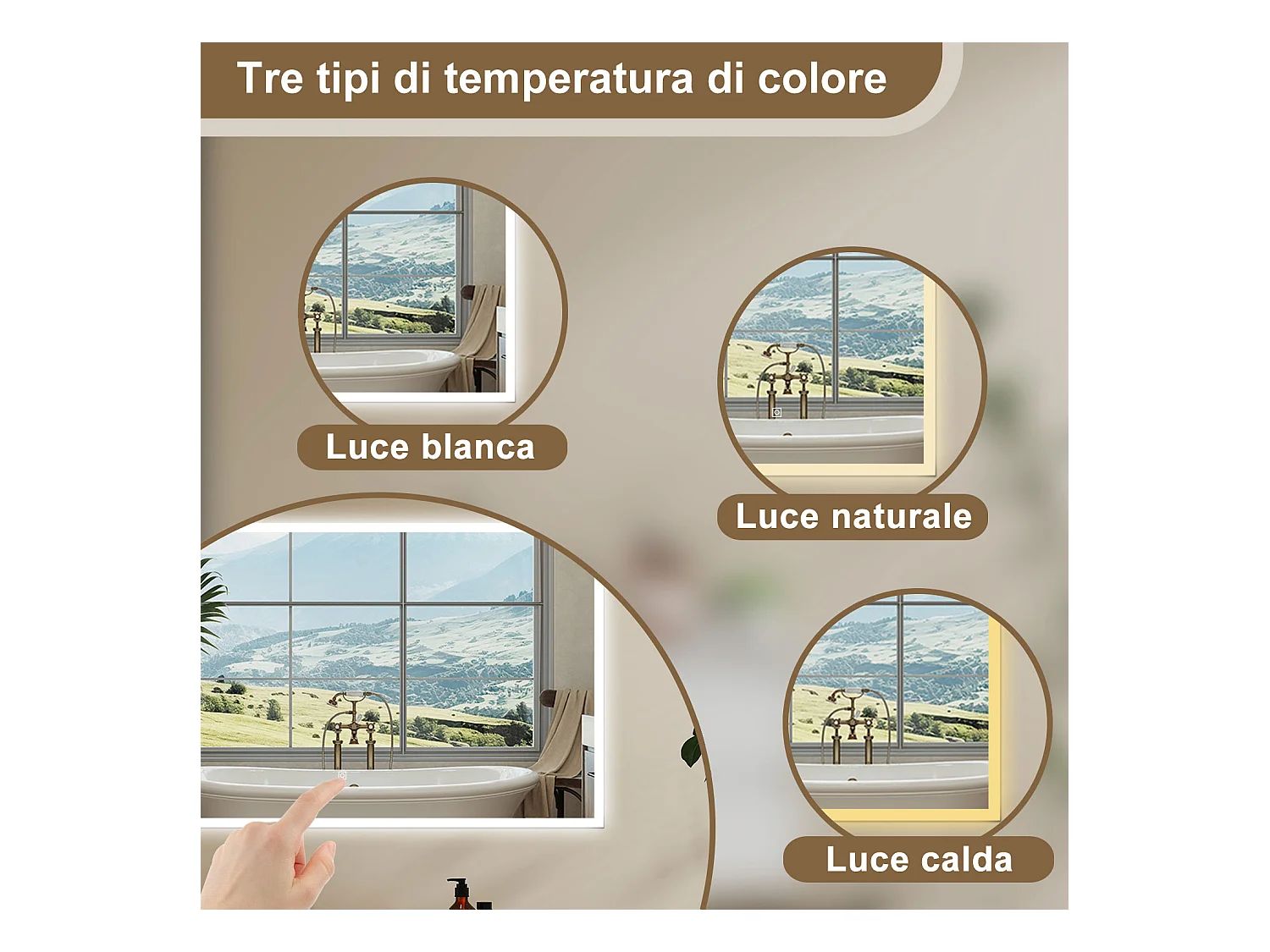 Aica LED Specchio da bagno 60×50 cm, luminosità regolabile a 3 colori, antiappannamento, memoria di interruzione di corrente