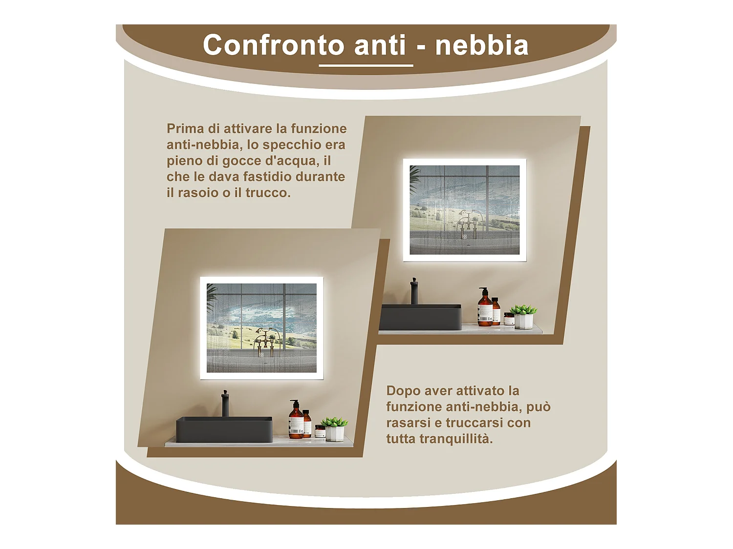 Aica LED Specchio da bagno 60×50 cm, luminosità regolabile a 3 colori, antiappannamento, memoria di interruzione di corrente