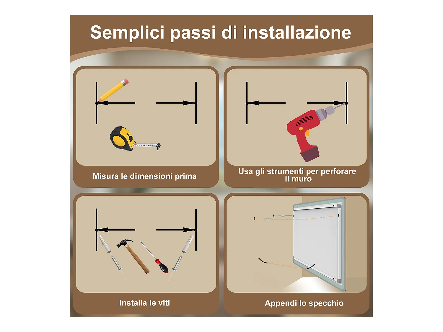 Aica LED Specchio da bagno 60×50 cm, luminosità regolabile a 3 colori, antiappannamento, memoria di interruzione di corrente