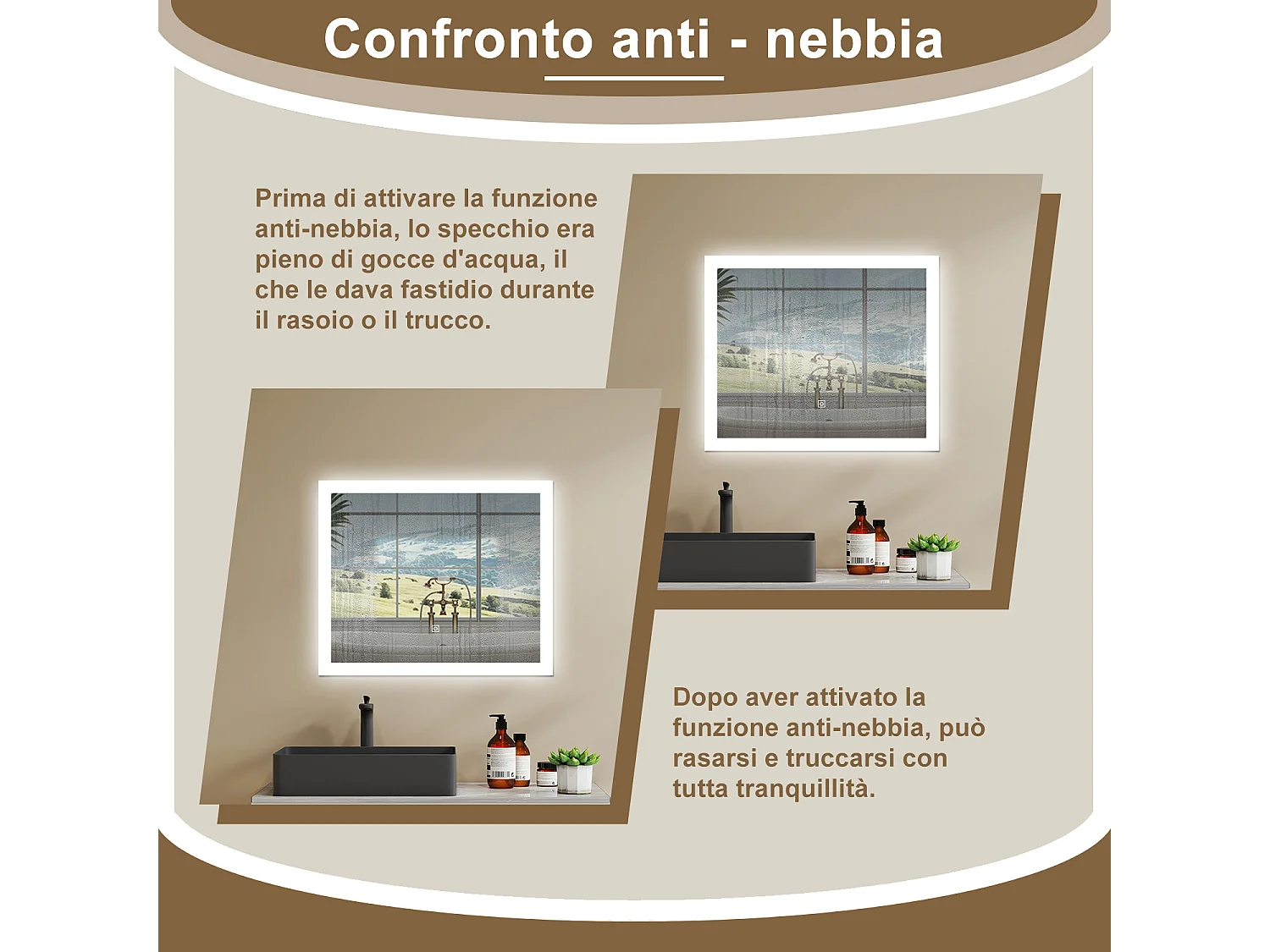 Aica LED Specchio da bagno 60×50 cm, luminosità regolabile a 3 colori, antiappannamento, memoria di interruzione di corrente