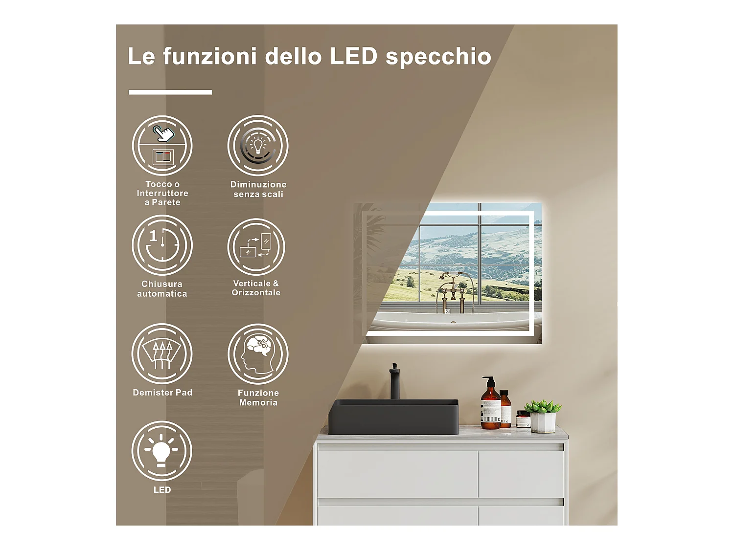 100×60 cm Specchio da Bagno Rettangolare a LED Specchio da Toeletta Specchio da Parete, Luce Bianca 6000K, Anti-fog, Touch