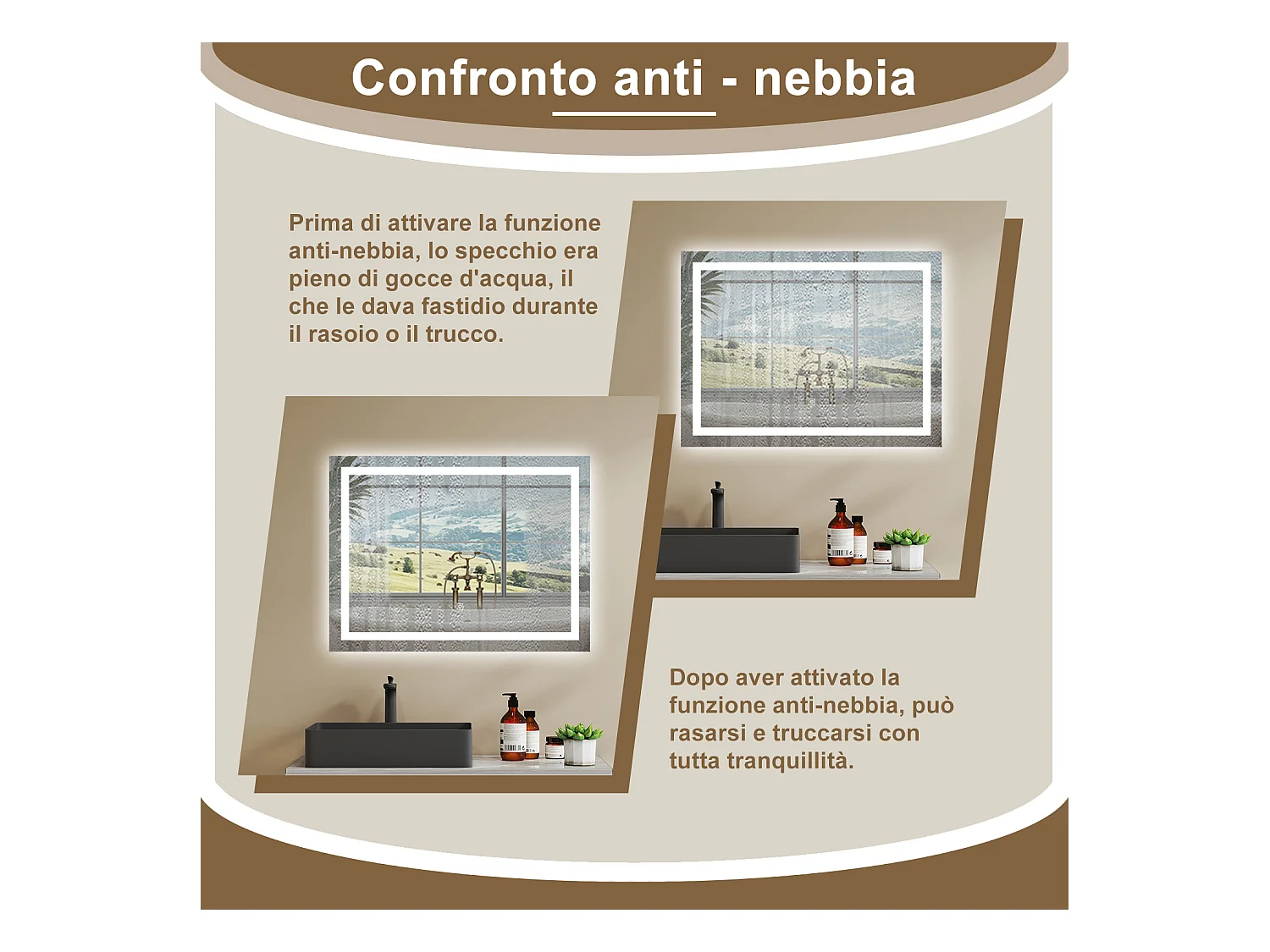 100×60 cm Specchio da Bagno Rettangolare a LED Specchio da Toeletta Specchio da Parete, Luce Bianca 6000K, Anti-fog, Touch