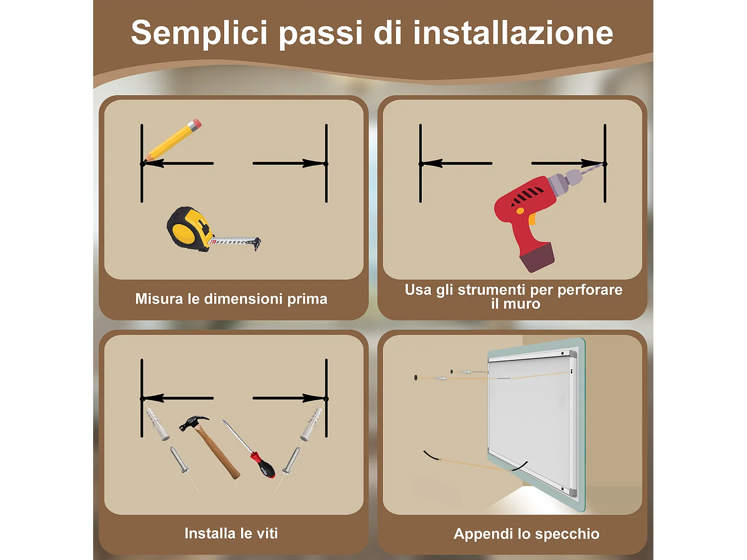 100×60 cm Specchio da Bagno Rettangolare a LED Specchio da Toeletta Specchio da Parete, Luce Bianca 6000K, Anti-fog, Touch
