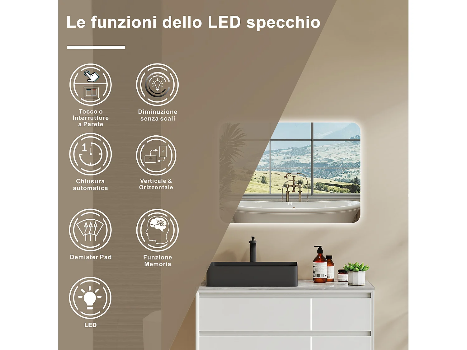 AICA 100 x 60cm Specchio da bagno con LED, Rettangolare, Touch, Memoria, Dimmerabile, Retroilluminato