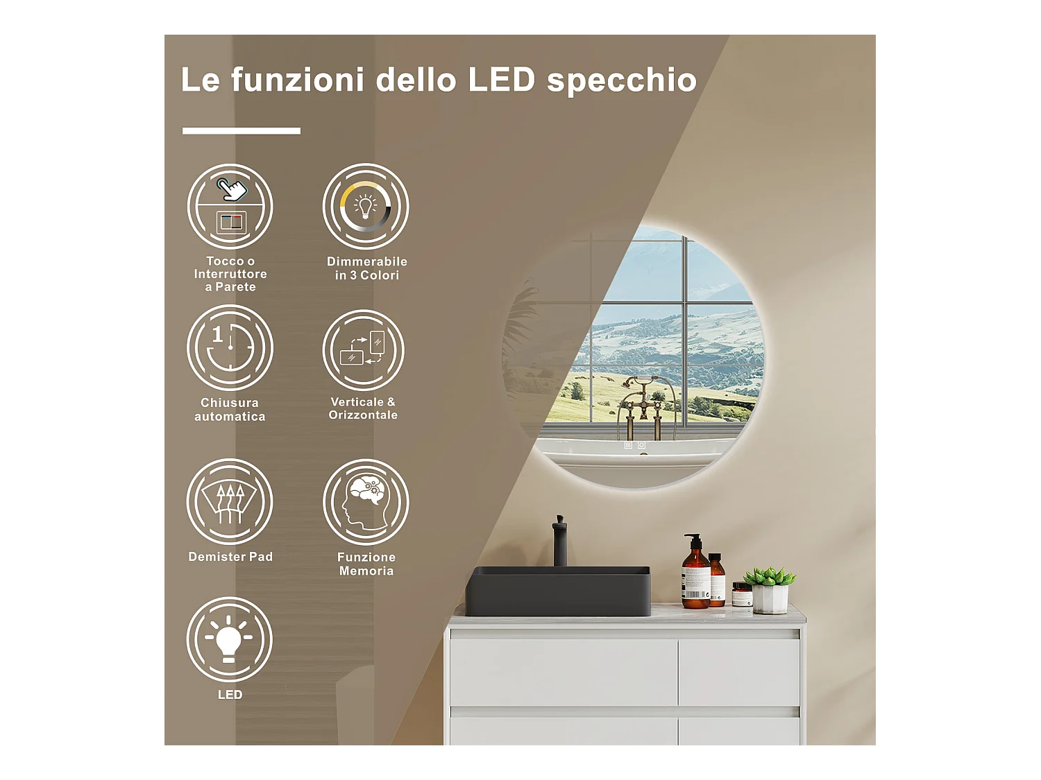 AICA Specchio Da Bagno Rotondo Da 80cm con LED, Antiappannamento, 3 Temperature Colore, Retroilluminato
