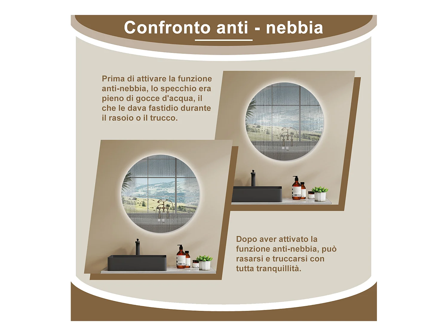 AICA Specchio Da Bagno Rotondo Da 80cm con LED, Antiappannamento, 3 Temperature Colore, Retroilluminato