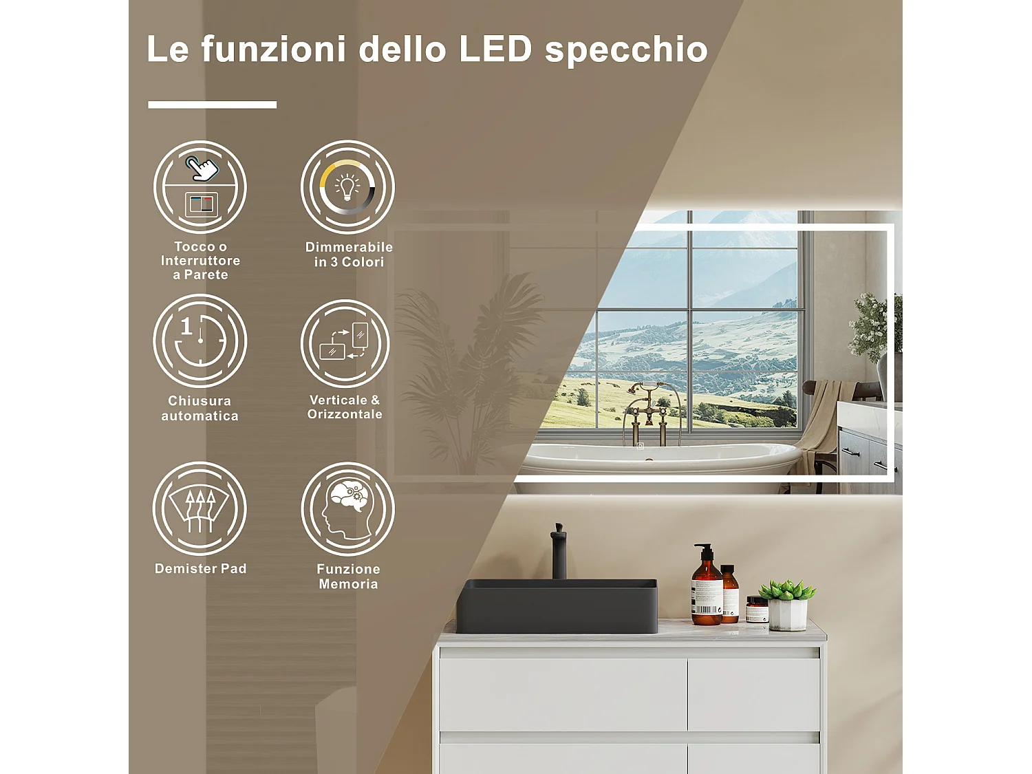 AICA Specchio Da Bagno Rettangolare Da 150x80cm con LED, Antiappannamento, 3 Temperature Colore
