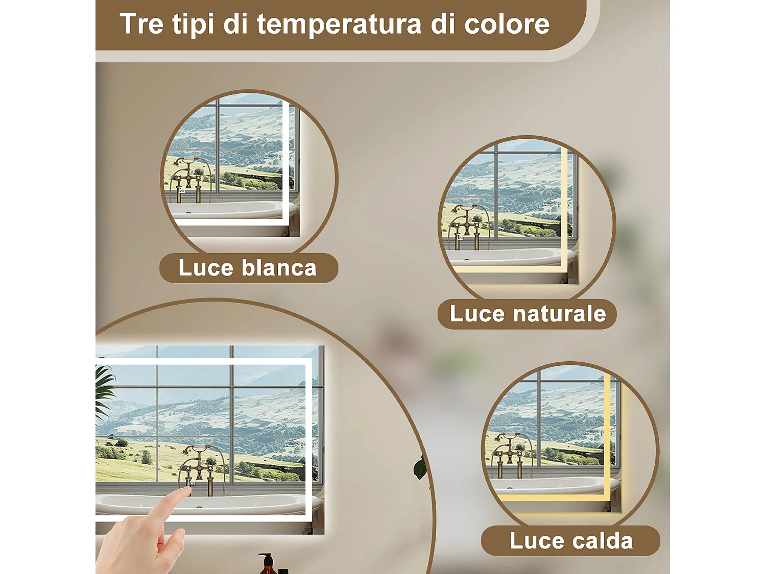 AICA Specchio Da Bagno Rettangolare Da 150x80cm con LED, Antiappannamento, 3 Temperature Colore