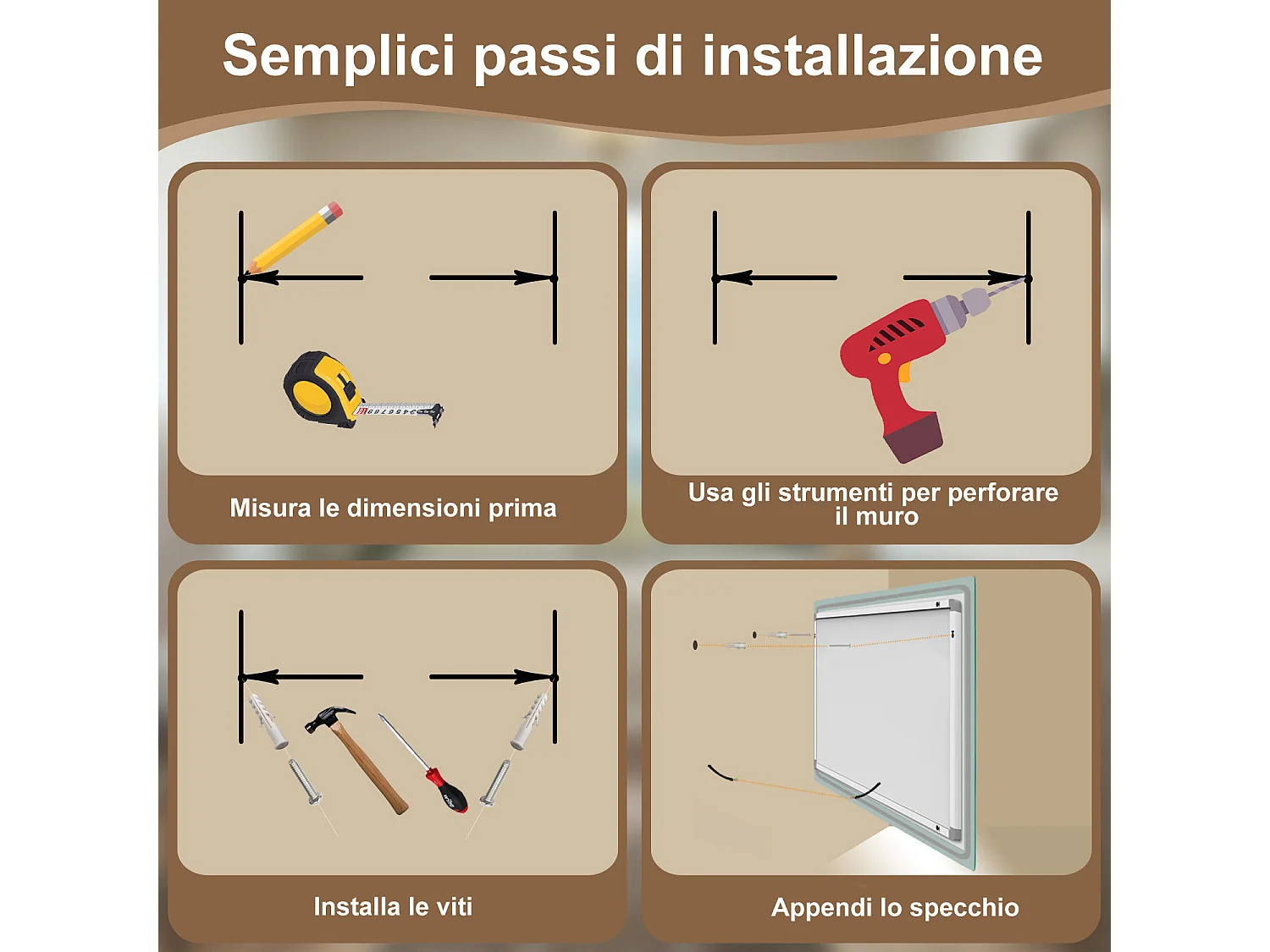 AICA Specchio Da Bagno Rettangolare Da 150x80cm con LED, Antiappannamento, 3 Temperature Colore