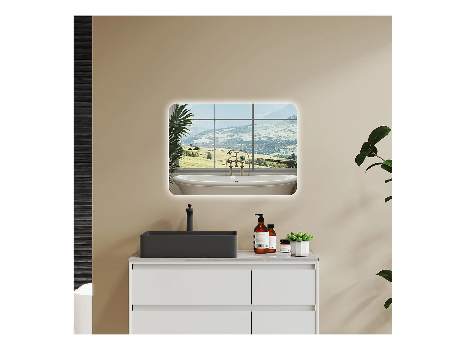 AICA 90 x 60cm Specchio da bagno con LED, Rettangolare, Touch, Memoria, Dimmerabile, Retroilluminato