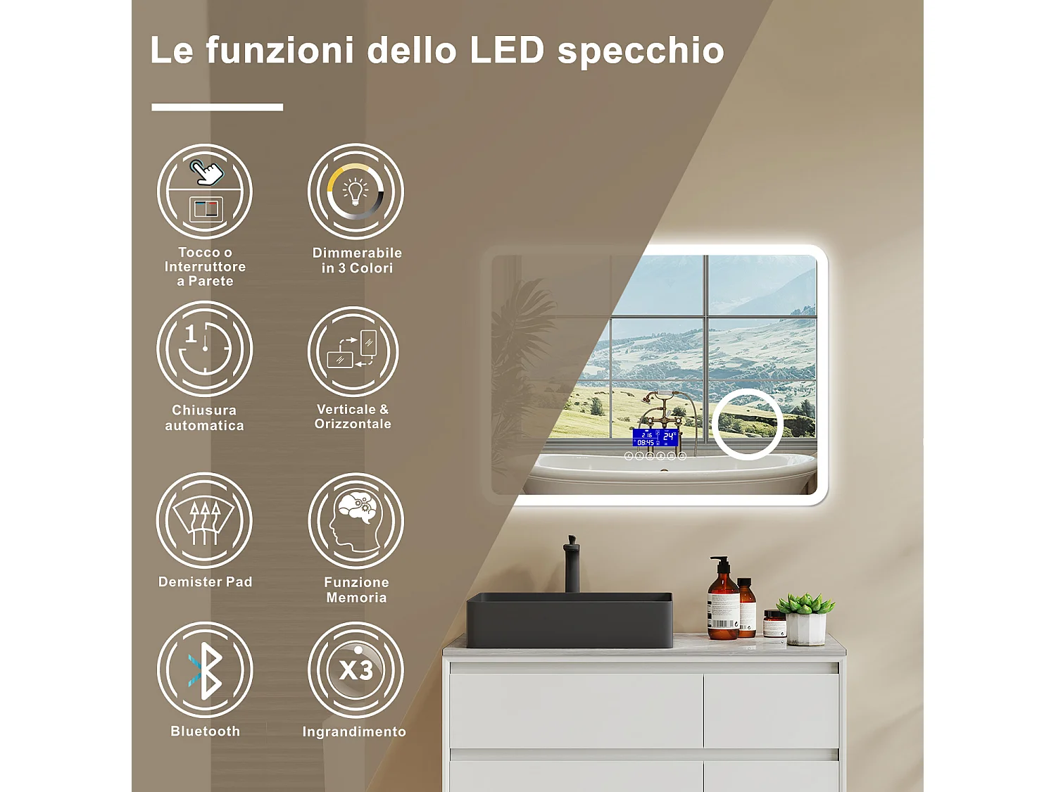 Aica Specchio da bagno bluetooth 80x60cm con antiappannamento + dimmerabile + 3 colori + ingrandimento 3X