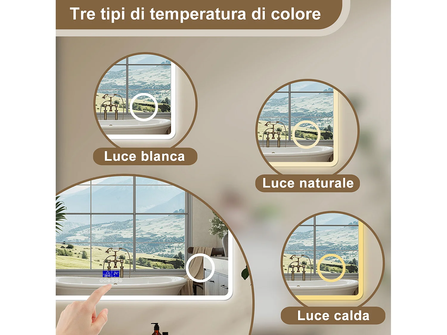 Aica Specchio da bagno bluetooth 80x60cm con antiappannamento + dimmerabile + 3 colori + ingrandimento 3X