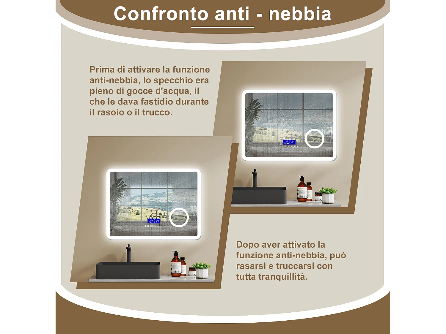 Aica Specchio da bagno bluetooth 80x60cm con antiappannamento + dimmerabile + 3 colori + ingrandimento 3X