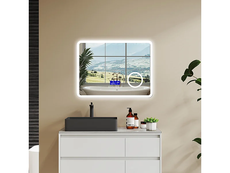 Aica Specchio da bagno bluetooth 80x60cm con antiappannamento + dimmerabile + 3 colori + ingrandimento 3X